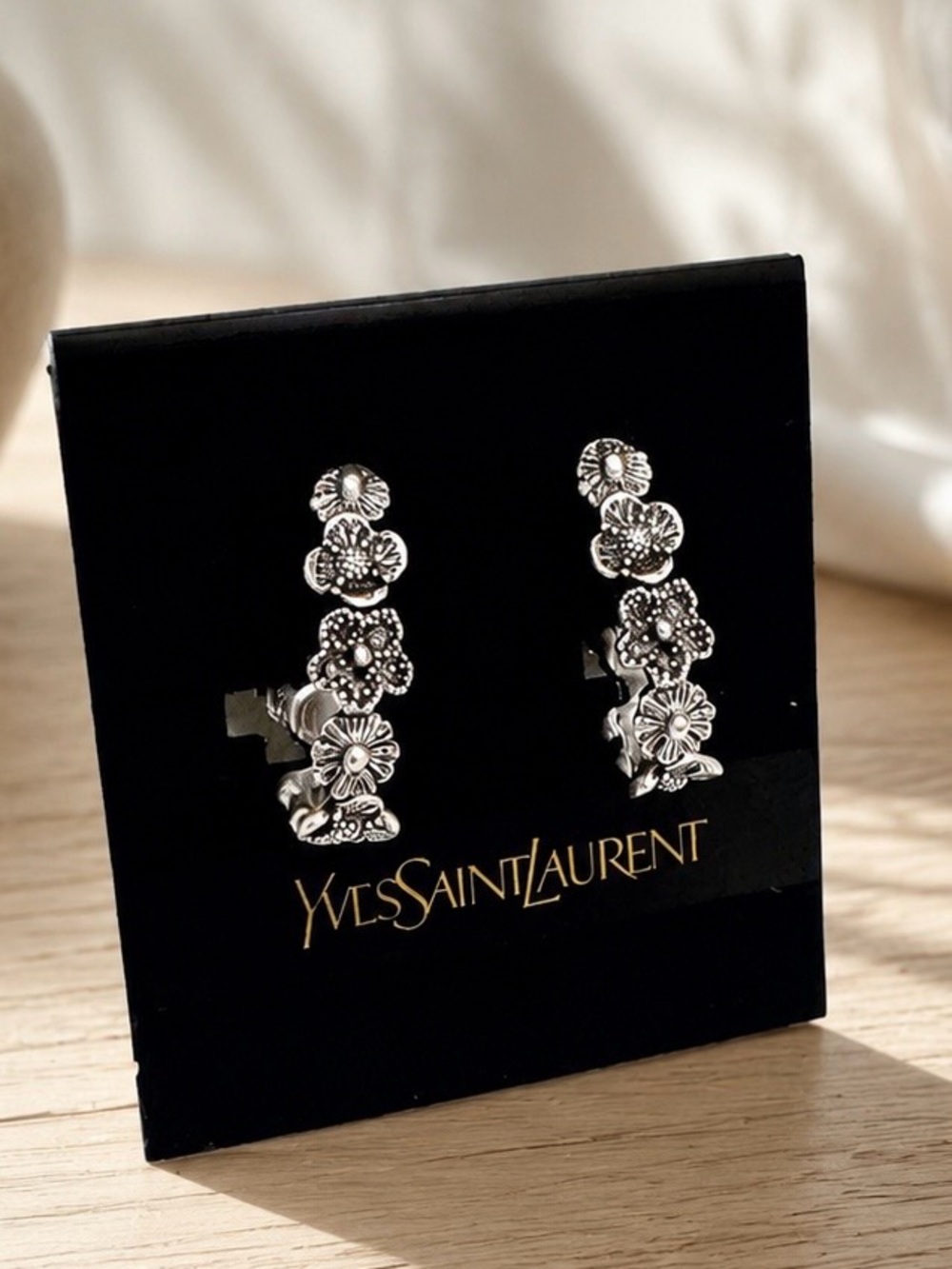 VTG NWT YSL Yves Saint Laurent Silver Floral Cluster Drop Clip Earrings